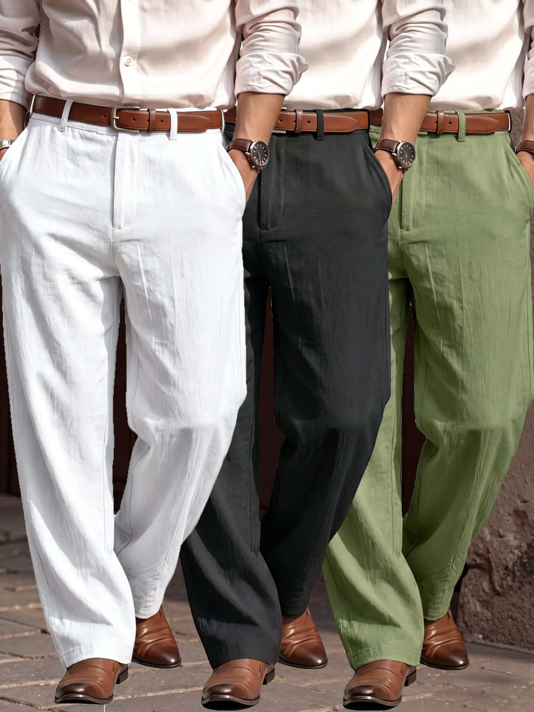 3-Pack Of Lightweight Linen Trousers For Mature Men, Three Basic Summer Colors, Draping, Breathable, Loose-Fit for Commuting