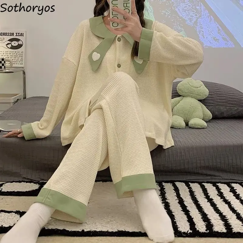 

Pajama Sets Women Sleepwear Ulzzang Autumn Patchwork Trendy Lovely Femme Popular Simple Cozy Homewear Student Loose Lounge Daily