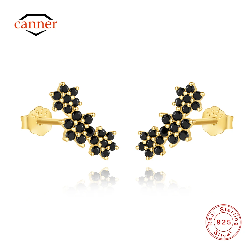 

CANNER 925 Sterling Silver Round Flower Shaped Black CZ Stud Earrings For Women 18K Gold Piercing Party Earring Jewelry Gift