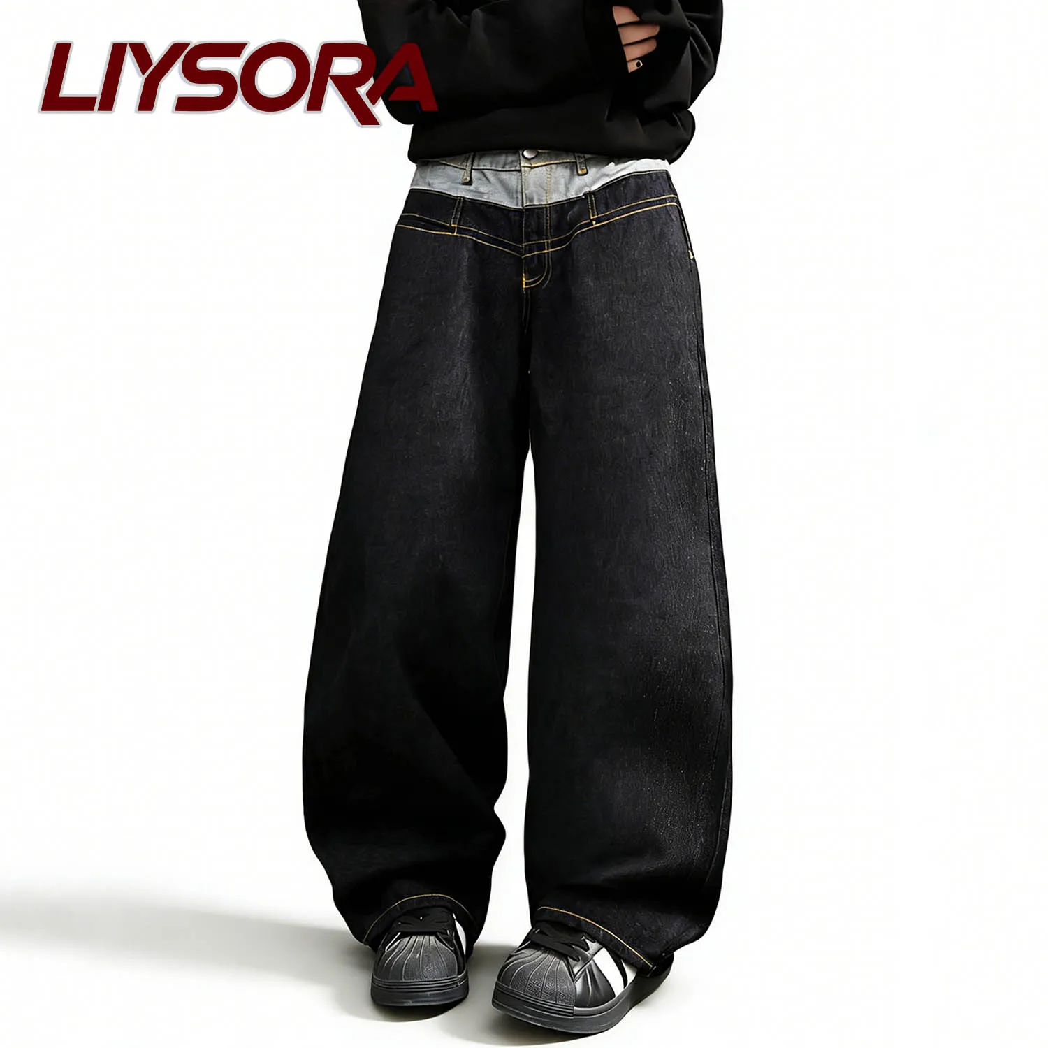 جينز رجالي أسود بتصميم عتيق بخصر مزدوج فضفاض وواسع الساق بتصميم الشارع من قماش الدنيم ملابس جينز فضفاضة واسعة الساق للجنسين #1