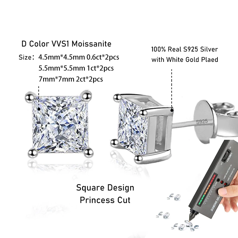 Tezzc-pendientes de moissanita de corte princesa para mujer, Color D, Plata de Ley 925 chapada en oro blanco, joyería fina, regalo