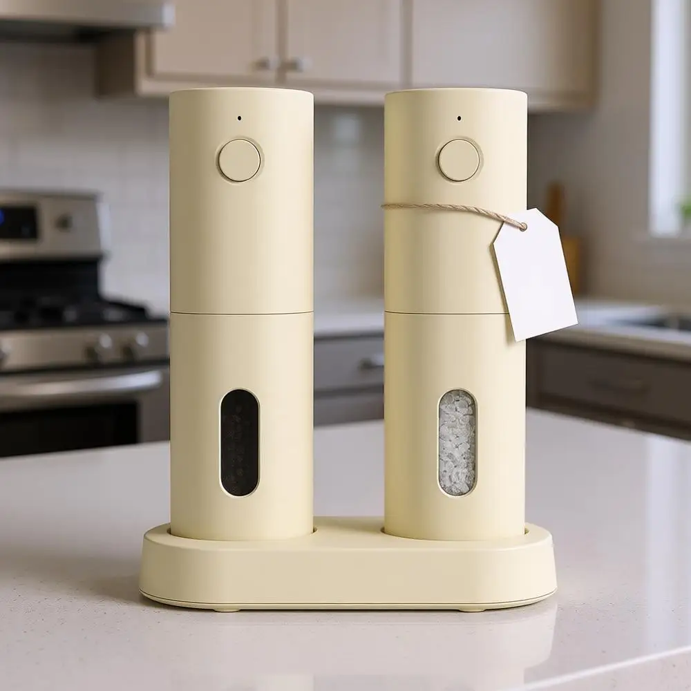 

Rechargeable Automatic LED Light Salt and Pepper Grinders, Adjustable Coarseness, Butter Cream Color