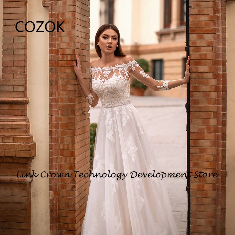 COZOK-Vestidos De novia con cuello barco para mujer, ropa De novia con hombros descubiertos, marfil, con encaje, nueva princesa con manga 2024, 3/4