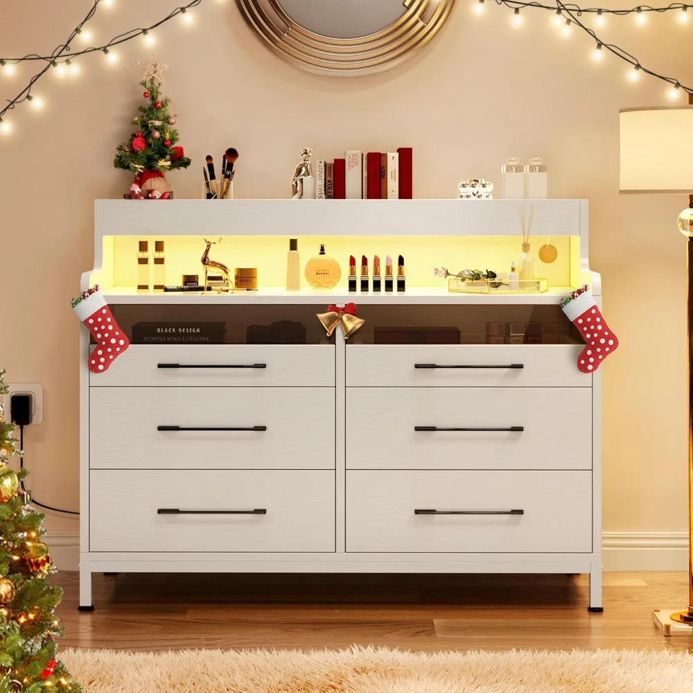 خزانة ملابس LED حديثة مع 6 أدراج، رف تخزين مفتوح لغرفة النوم، المدخل، أبيض