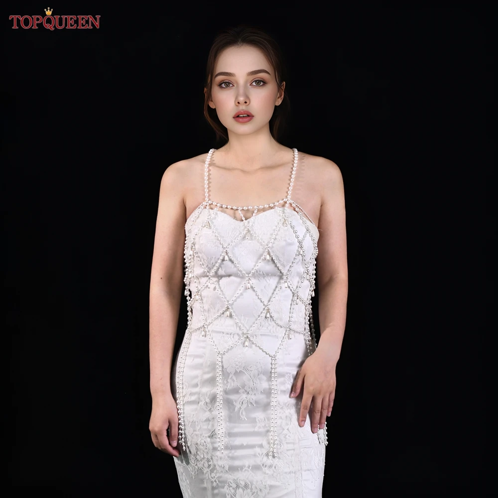 TOPQUEEN Luxury Pearl Body Chain Fishtail Wedding Dress With Cape Necklace Sexy Bikini vestidos de noite VG115