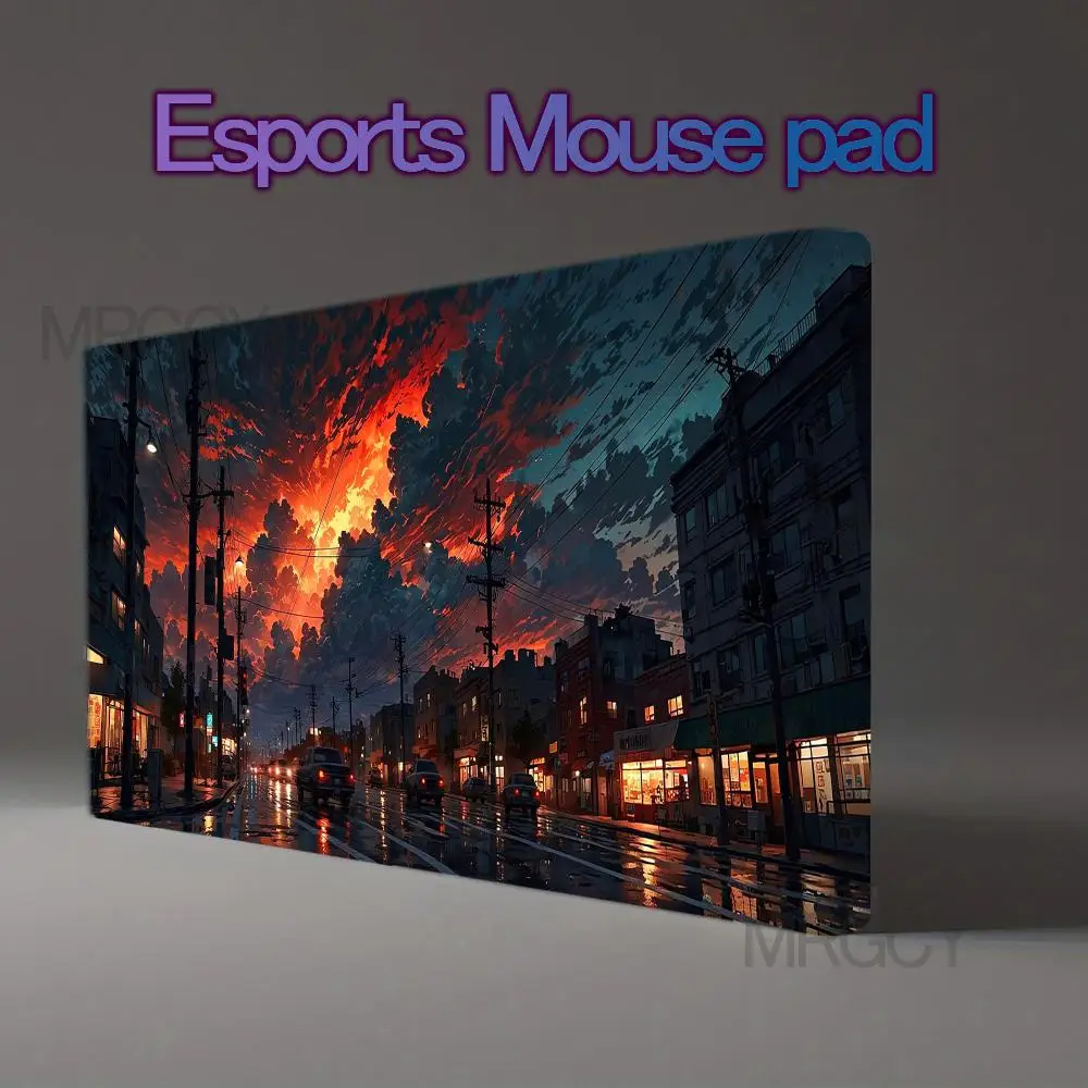 Rainy Anime City Street Fiery Red Sunset Cloud Road Reflection Gaming Mouse Pad Large Keyboard Desk Mat office desk accessories