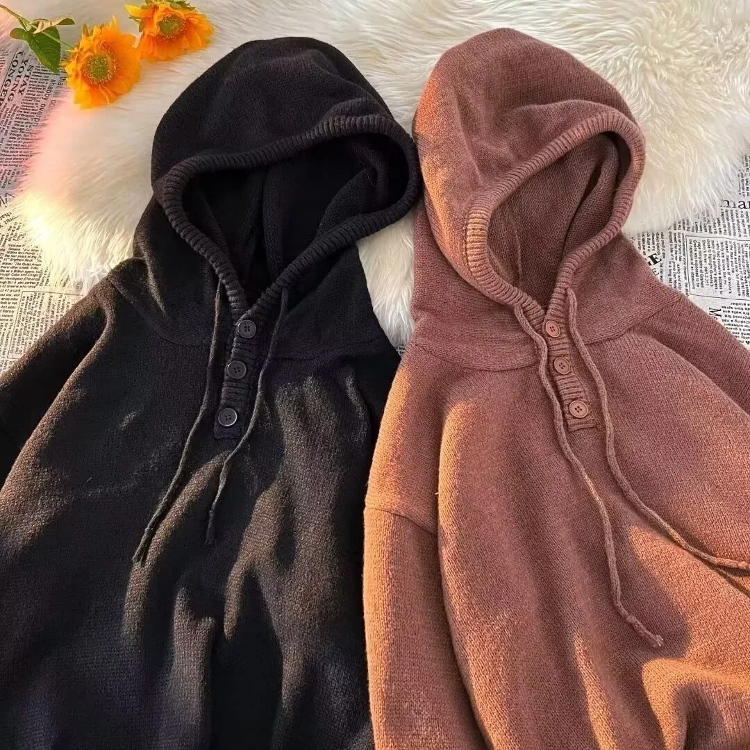 

Men's Hooded Knitwear Autumn Winter Thiened Coffee Color Lazy Sle Long Sve Casual Pullover Breathable Comfortable Faion