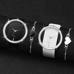 4PCS/Set Fashion Couple's Watch Heart Bracelets Set Women Hollow Dial Leather Band Quartz Watches