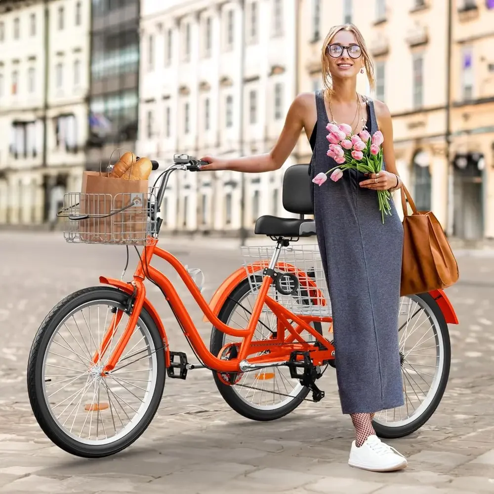 

Adult 24 & 26 Tricycles - 1 & 7 Speed 3-Wheel Bikes with Large Seat, Backrest, and Baskets for Men & Women, Ideal for Commuting