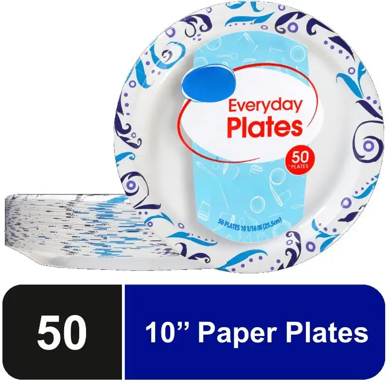 Everyday Strong, Soak Proof, Microwave Safe, Disposable Paper Plates, 10 in, Patterned, 50 Count