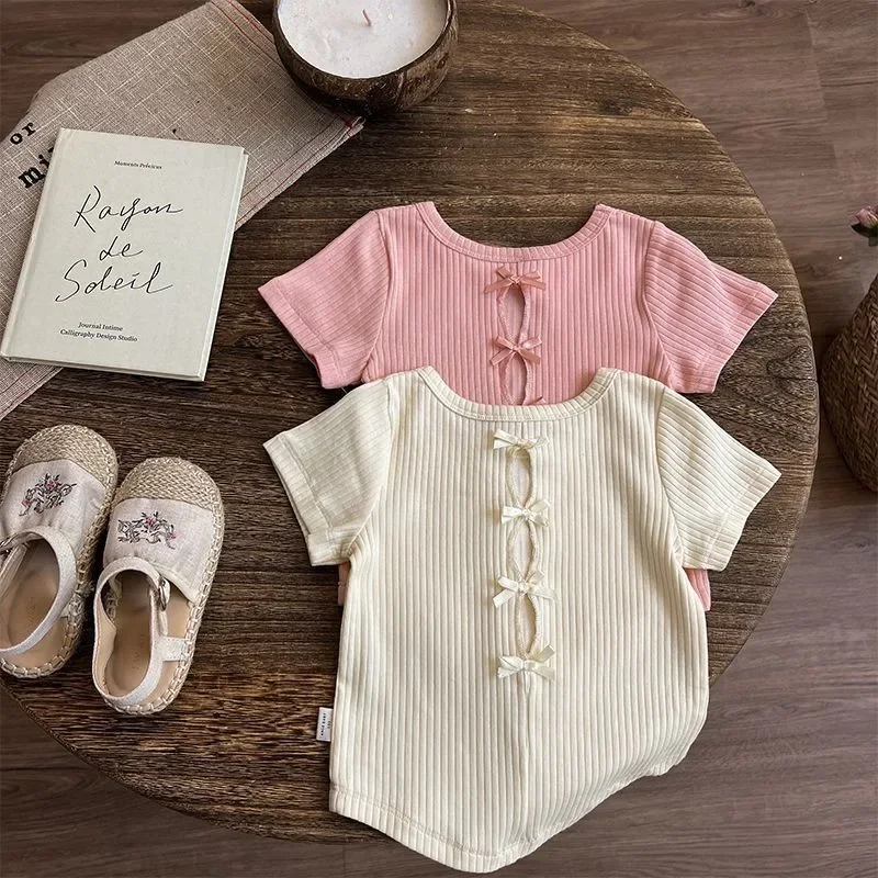 T-shirt for Kids Girl 2-7 Years Old Solid Colour Back Cutout Top Summer Baby Girls Fashionable Versatile Short-sleeved T-shirt