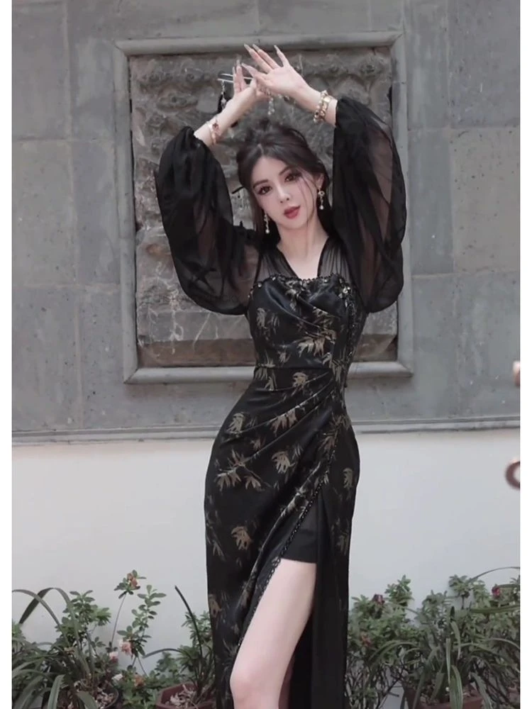 

Chinese Improved Cheongsam Dress Women Long Sleeve Vintage Slit Dress Lady Daily Sexy Cheongsam Dress French Style Vintage Qipao