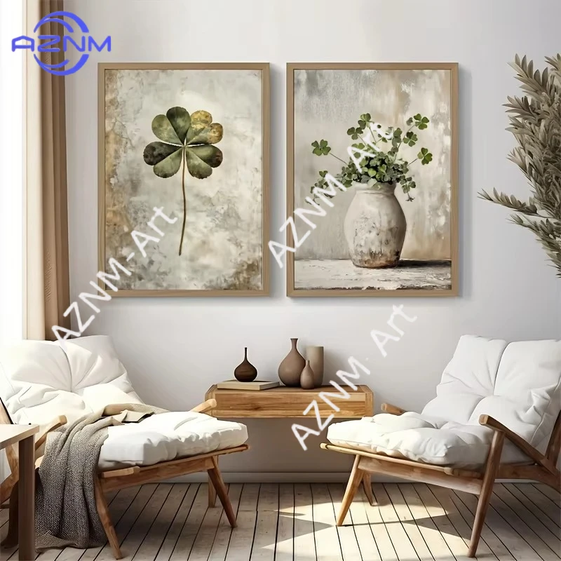 1 Stück/2 Stück Retro Glücksbringer Vierblättriges Kleeblatt Leinwanddrucke Stilleben Pflanzen Wandkunst Poster für Moderne Wohnzimmer-Dekoration