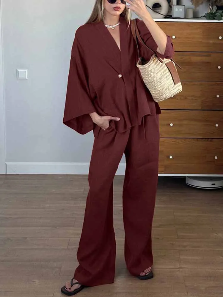 

MCDV 2025 New Single Button V Neck Long Sleeve Top Wide Leg Pants Two Piece Set Women Red Fashion Loose Daily High Streetwear