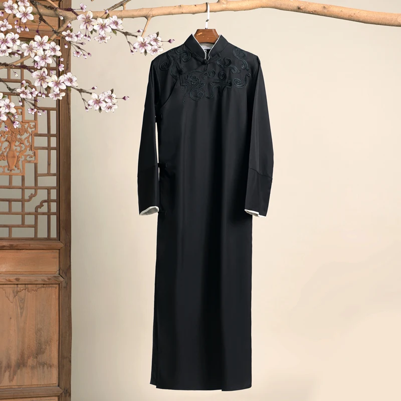 Chinese Emboridery Crosstalk Tunic Suit Traditional Tang Suit Stand-up Collar Frog Button Male Robe Shirt