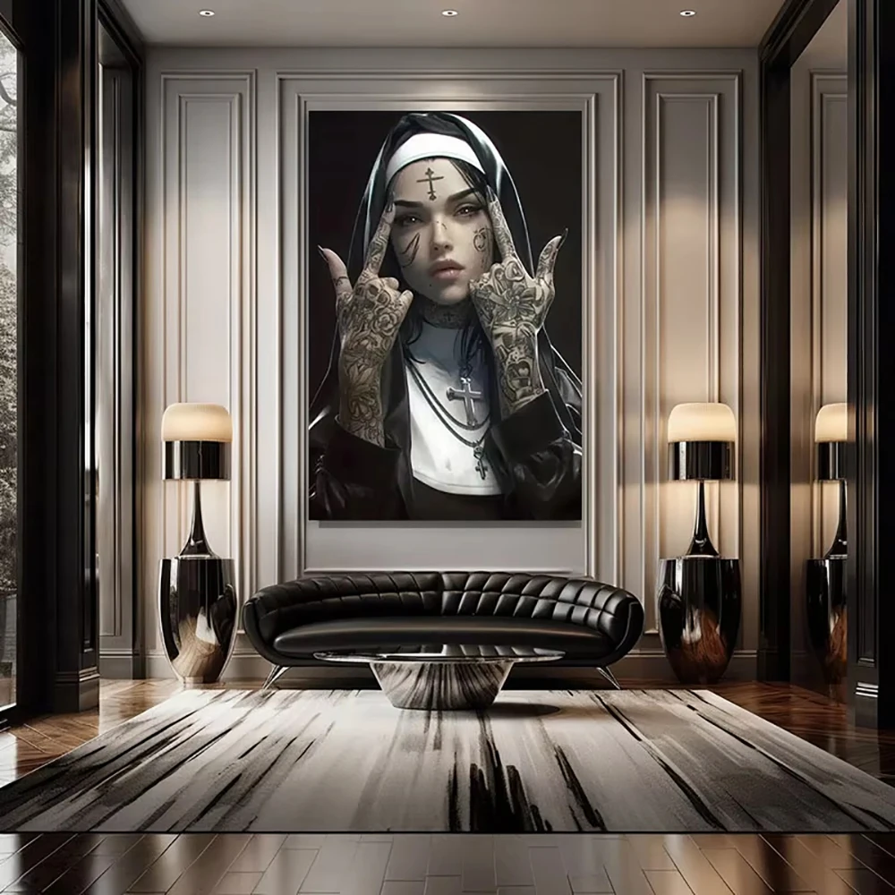 Fashion Girl Tattoo Nun Canvas poster Wall Art Vintage Elegant Canvas Printing For Living Room, Bedroom And Home Decoration view 4