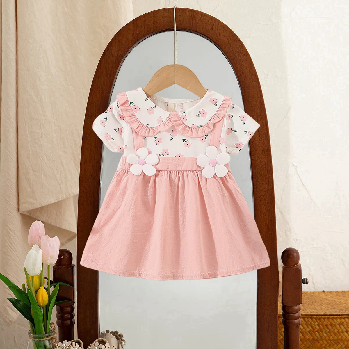 

Baby Girl Dress Summer Floral Printed Lapel Girls Dress Cute Fake Two Piece Short Sleeve Girls Dresses Baby Clothes Girl