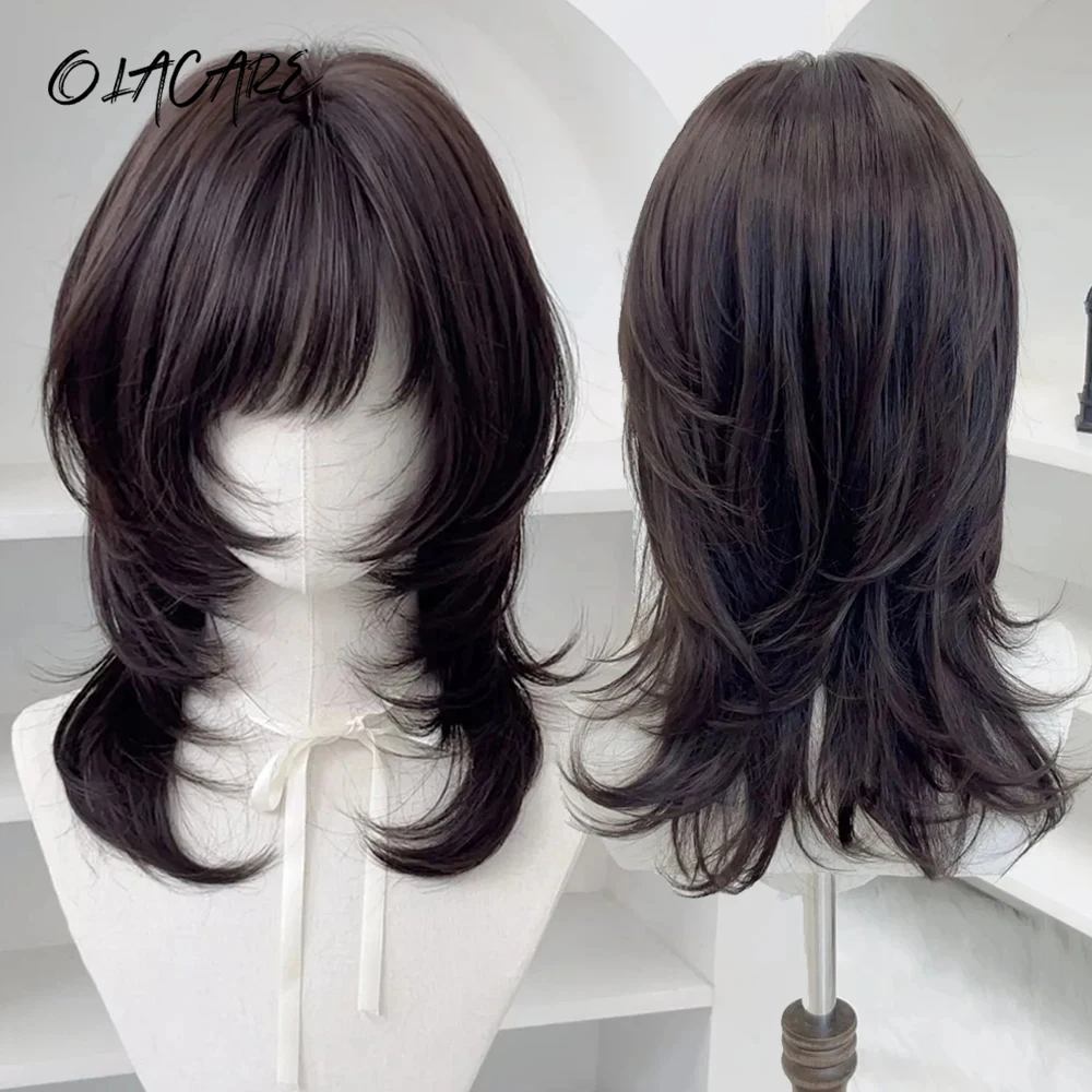 OLACARE High Density Daily Cosplay Party Wigs for Women Synthetic Wigs with Black Brown Bangs Natural Fake Hair Wig
