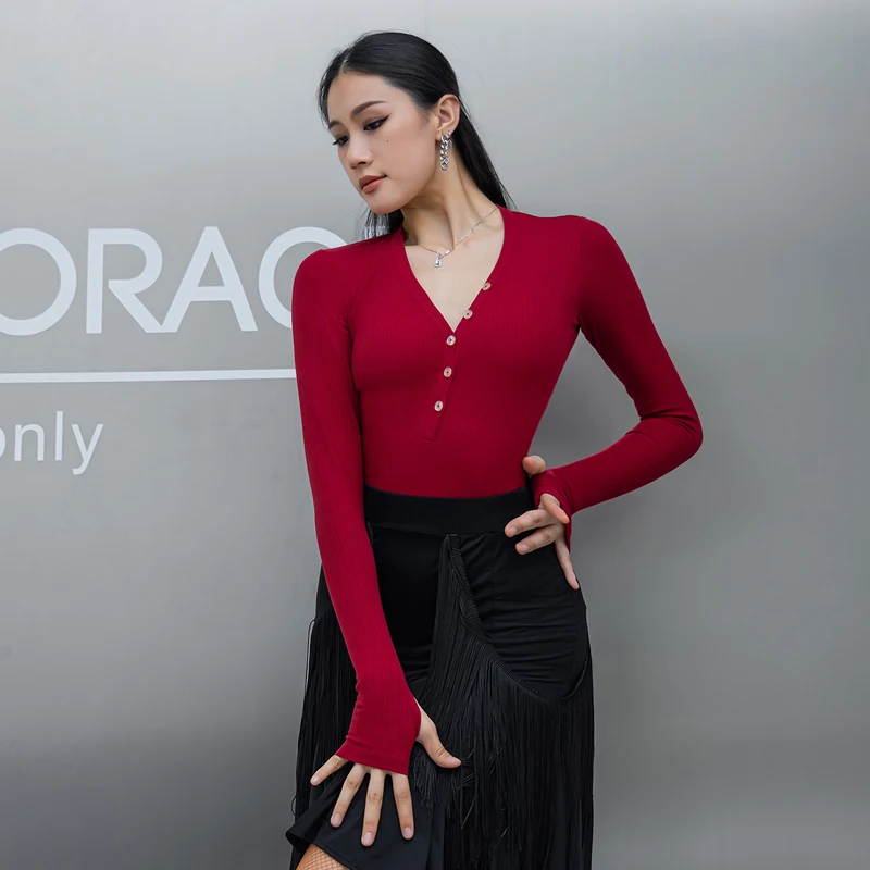 

4 Colors Ballroom Dance Performance Top Women'S Long Sleeved Latin Dance Bodysuit Latin Dance Tops Training Wear DWY9428