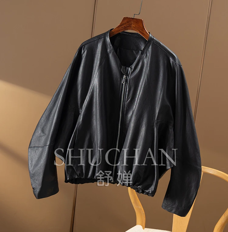 Italian Vegetable Tanned Sheepskin Bat  Sleeve Leather Jacket Coat Women 2024 Autumn Winter Genuine Leather Jacket