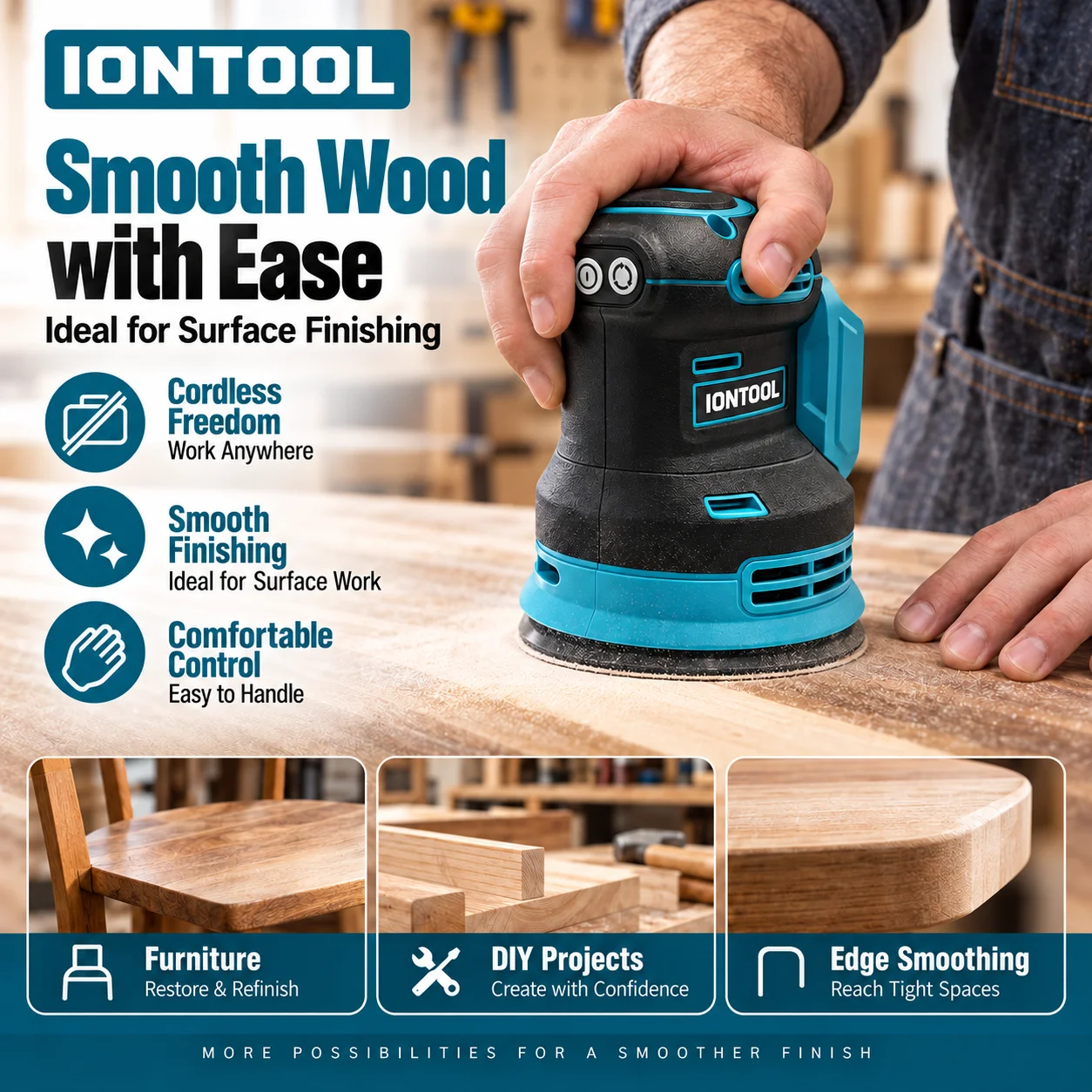 IONTOOL Portable Cordless Sander 180mm For Window Shutter Smoothing and Door Panel Priming and Chair Armrest Refinishing