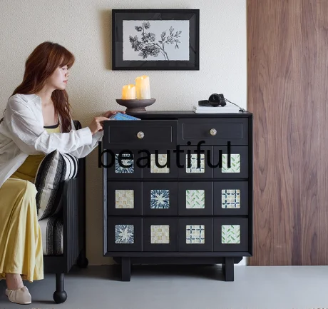 

D2520 Light sandalwood retro solid wood eight-bucket cabinet, living room wall locker, sofa, bedroom storage drawer cabinet