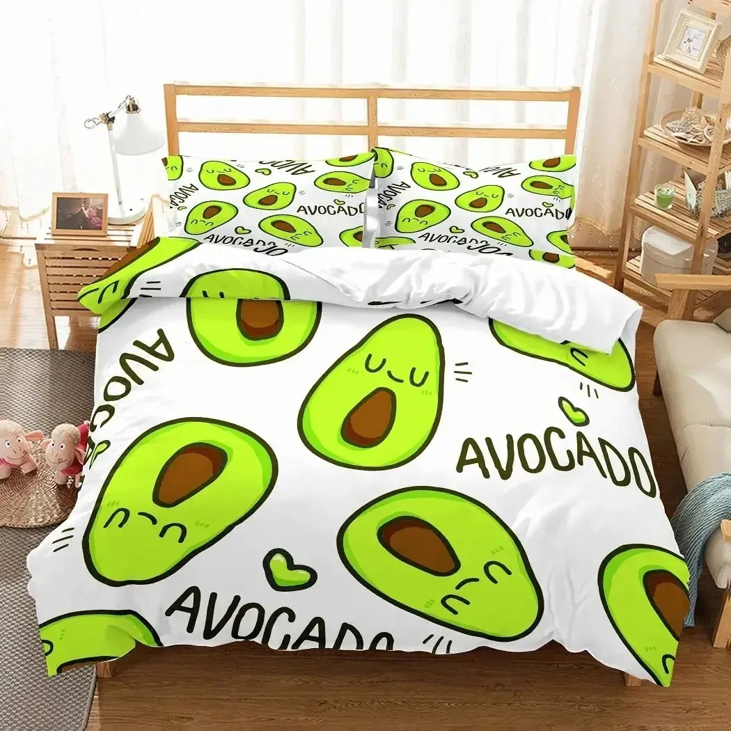 

Avocado Duvet Cover Set Queen Size 3D Printed Cartoon Funny Faces Avocado Bedding Set Green White,Tropical Botanical Quilt Cover