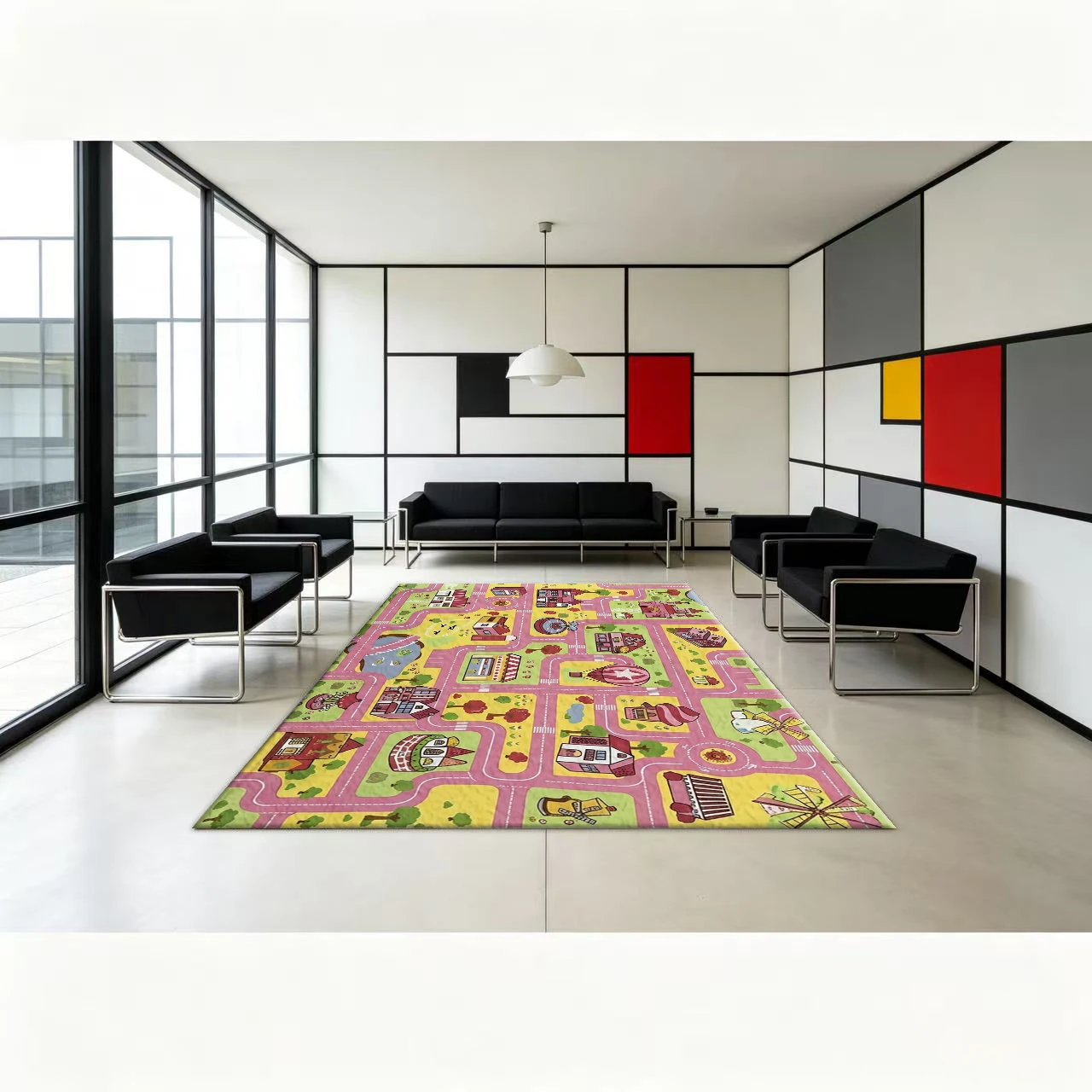 Pink City Traffic Play Mat Carpet Cartoon Town Road Map Children's Playroom Educational Game Floor Carpet