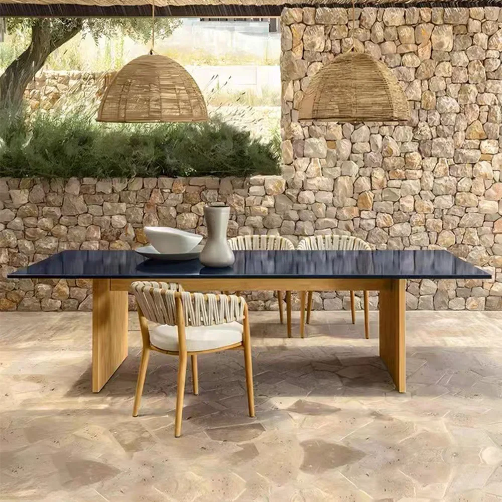 

Outdoor solid wood dining table and chairs rain protection sun protection villa hotel open-air restaurant rattan weaving