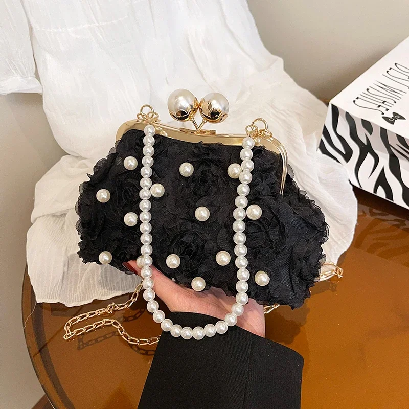 

Elegant Lace Rose Clutch Bag Fashion Wedding Party Dinner Bag Luxury Pearl Chain Crossbody Bag Female Brand Shell Clip Purse