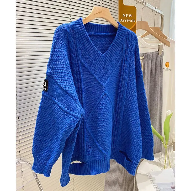 

Fat Mm300 Jin Большой размер Свитер с v-образным вырезом для женщин Осень и зима Ленивый стиль Свободный полый вязаный базовый свитер средней длины