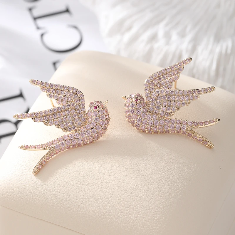 Silver Plated Pink,Clear Cubic Zircon Stud Earrings Fashion Swallow Design Women Party Earrings Jewelry Gifts