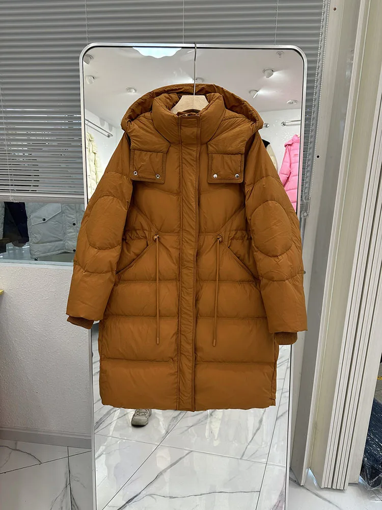 

Autumn Winter Women White Duck Down Coat Casual Hooded Stand Collar Long Coat Thick Warm Drawstring Puffer Parka Outwear