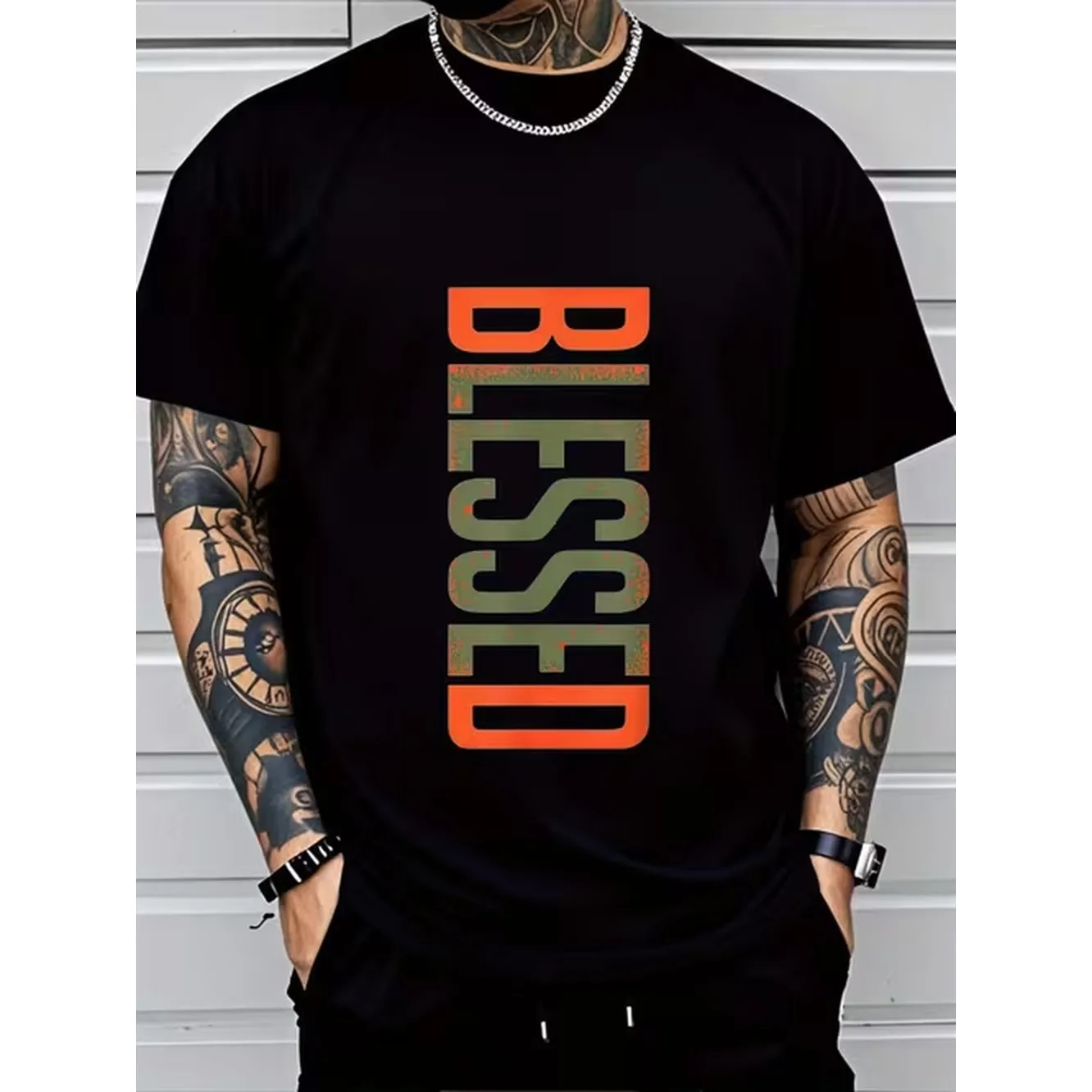 Mens Plus Size Blessed 3D Printed T Shirt Geometric Letters Breathable Machine Washable Casual Short Sleeve Top Casual Wear Modern Casual Clothing Medium Stretch Fabric Large Size