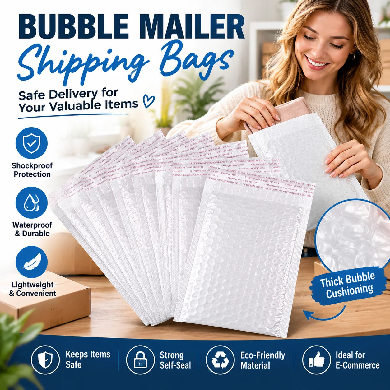 50-100PCS Poly Bubble Mailers Padded Envelopes Self Seal Bubble Lined Waterproof Cushion Shipping Enveloper Mailers White