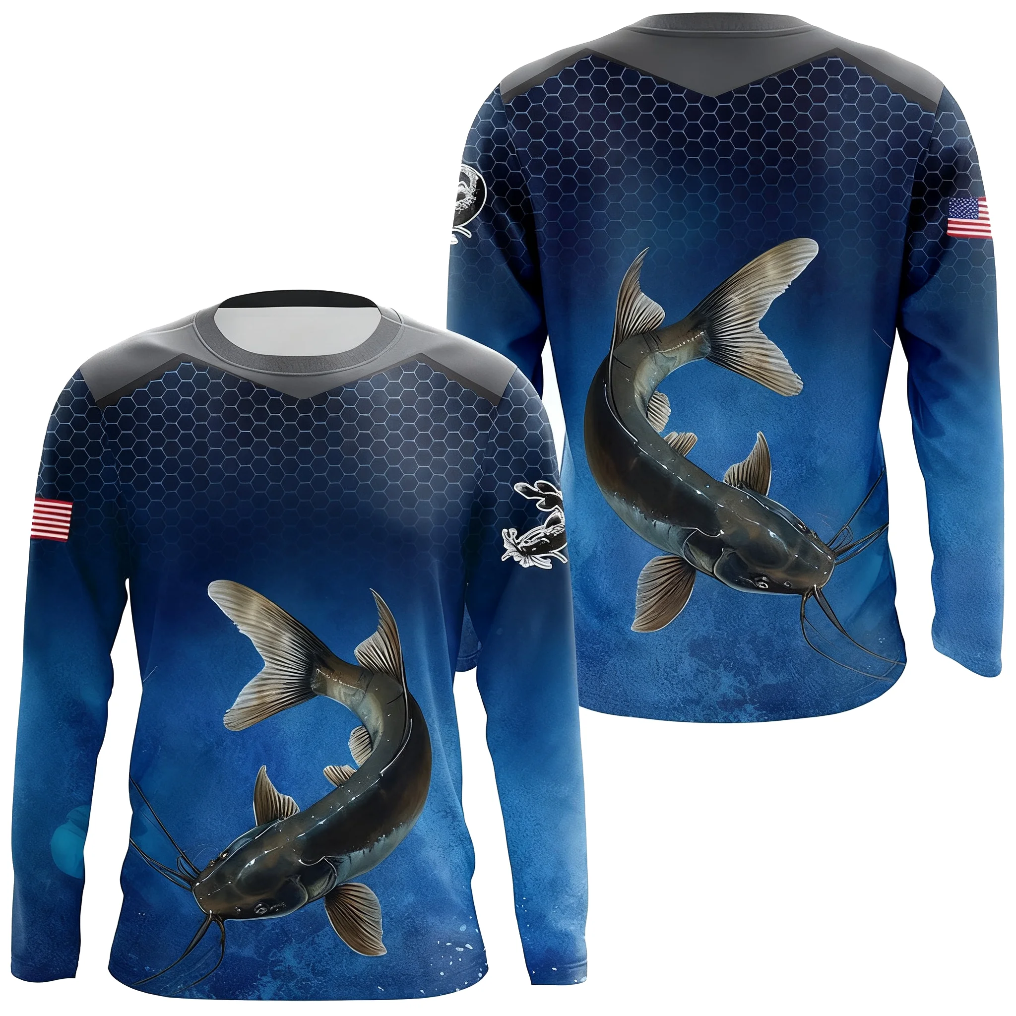 ملابس صيد سمك السلور المموهة باللون الأزرق برقبة دائرية وأكمام قصيرة وطباعة غير رسمية قابلة للتنفس سريعة الجفاف وماصة للعرق #1