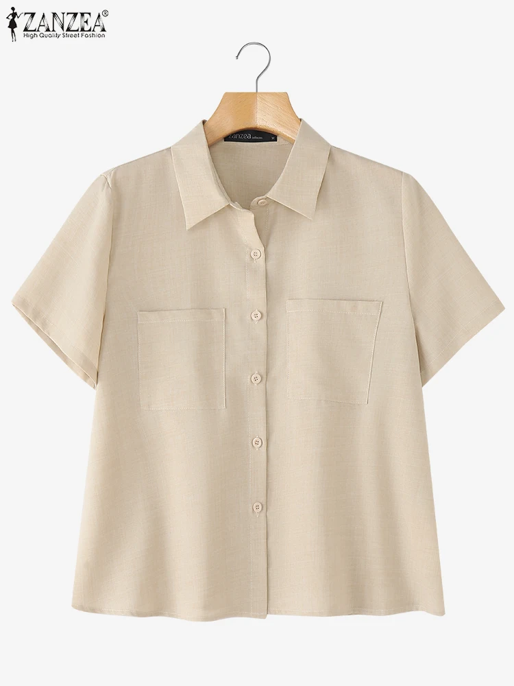 

Short Seeve Tops Women Vintage Shirts Fashion OL Work Tunic Casual Loose Pullovers Solid Color Oversized Blusas ZANZEA 2025