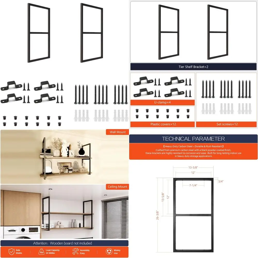 

Black Powder-Coated Carbon Steel 2-Tier Square Shelf Bracket, 26-3/8 Height, Wall or Ceiling Mount Storage Shelving for Enhanced