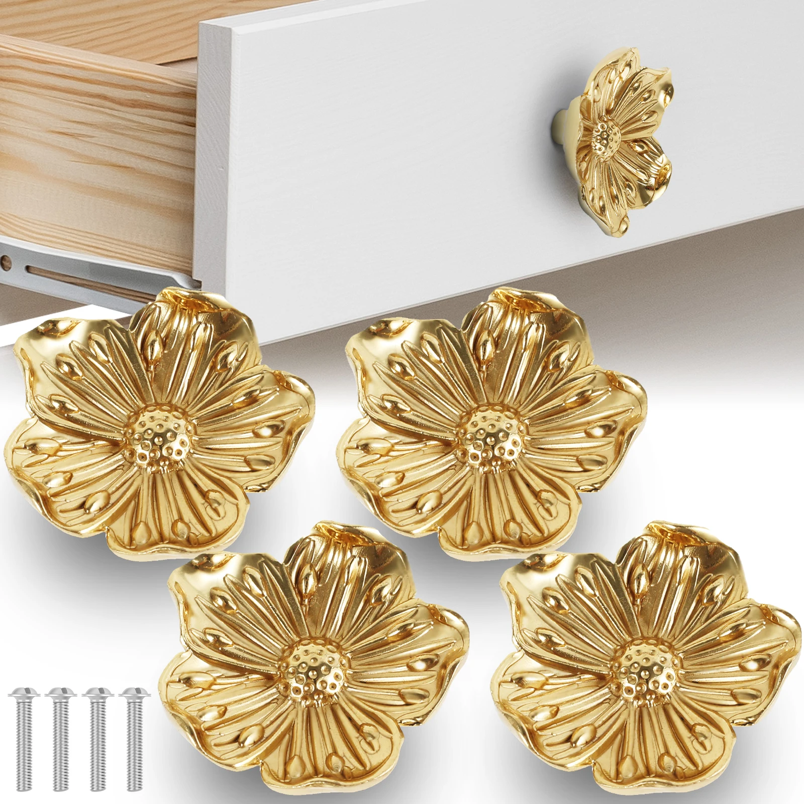 

4Pcs Brass Drawer Knobs Hardware Cabinet Knobs Decorative Flower Drawer Pulls Cabinet Drawer Knobs Furniture Pull Knobs