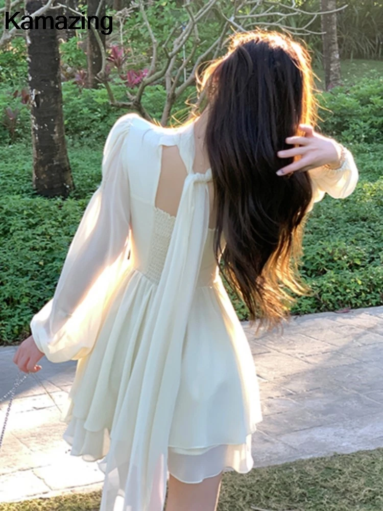 Women Elegant Chic Ruffle Dress French Fashion Graduation Evening Party Robe Female Korean Casusl Chiffon Beach Vestidos