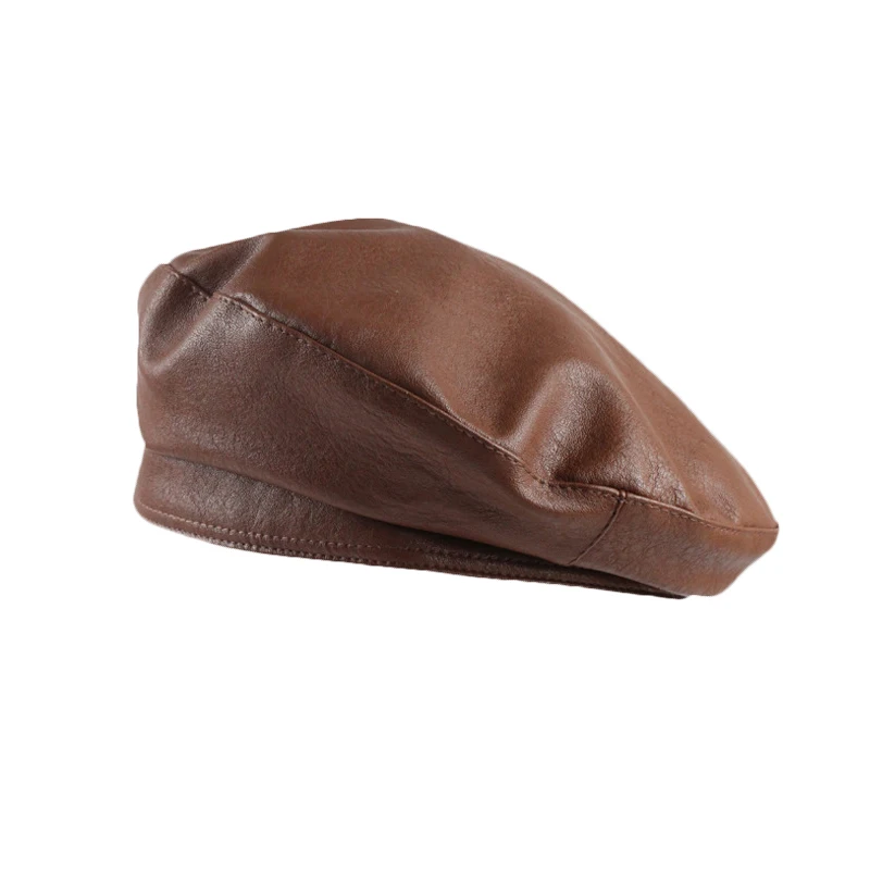 Autumn Winter PU Leather Berets Hats Women Solid Octagonal Cap Vintage Stylish Artist Painter Caps Ladies Beret Flat Hat