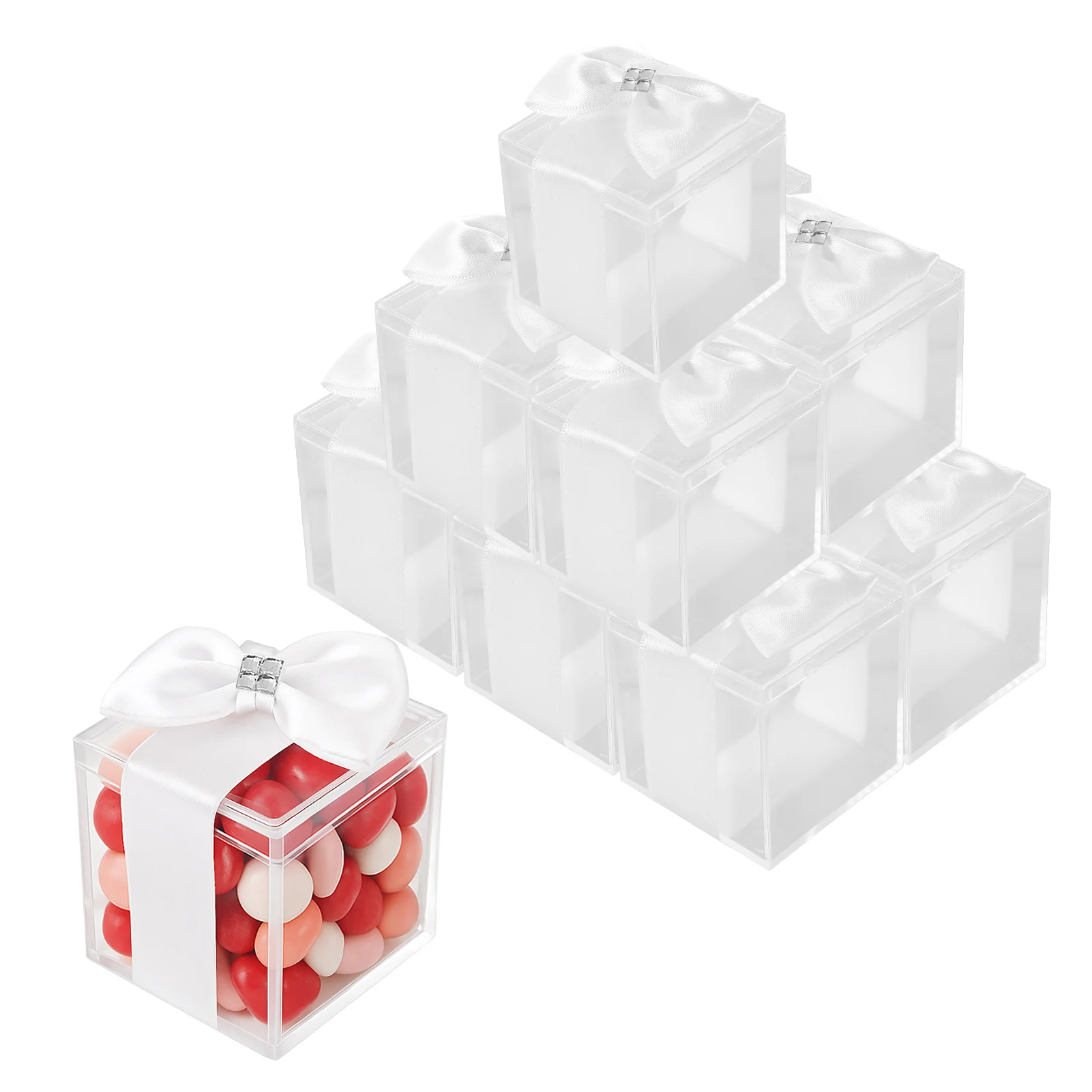 

12pcs European-Style Transparent Plastic Candy Boxs Wedding Favor Boxes with White Ribbon and Diamond-Bow for Wedding Party