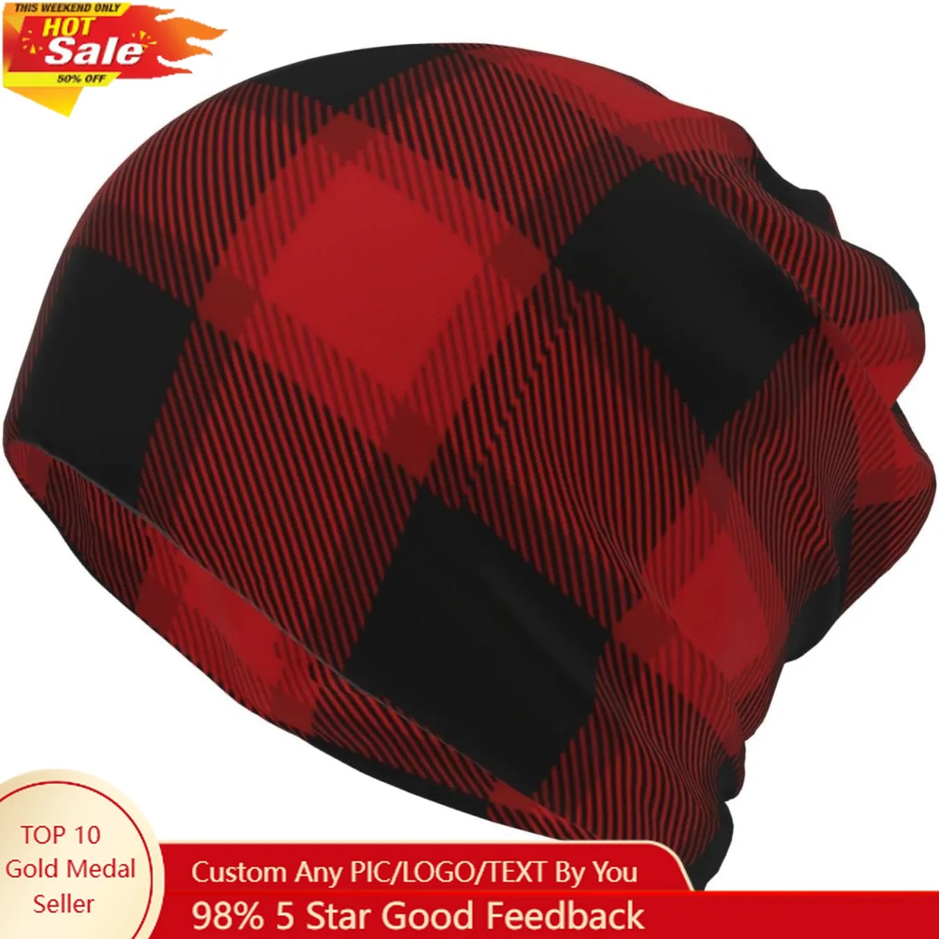 

Knit Beanie Hat with Christmas Snowflake Red Plaid Design Hat for Men Women