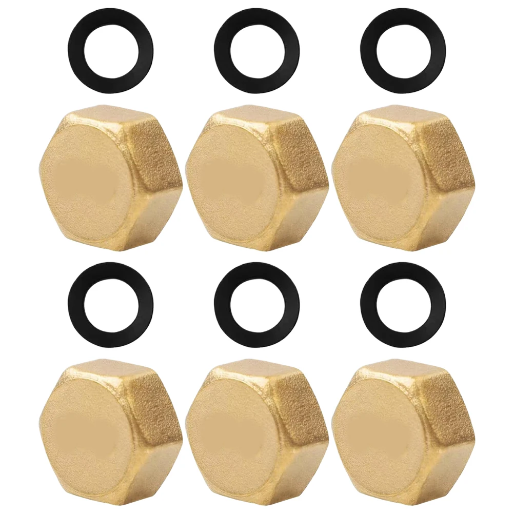 

6pcs Pipe End Cap Brass Hexagonal Sealing Hose Male Washers Distributor Blanking Plugs Copper Nut Female Thread Rubber Gasket