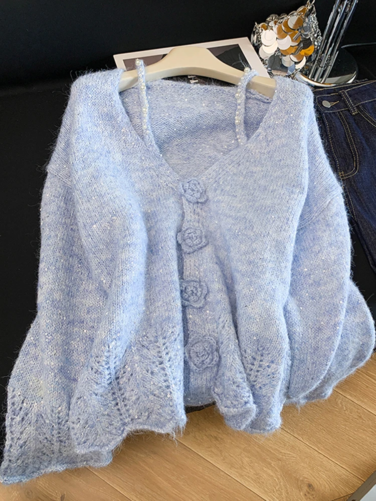 

Новый осенне-зимний женский вязаный кардиган Sweet Sle с V-образным вырезом, свободный, мягкий, с 3D-вышивкой в виде цветов