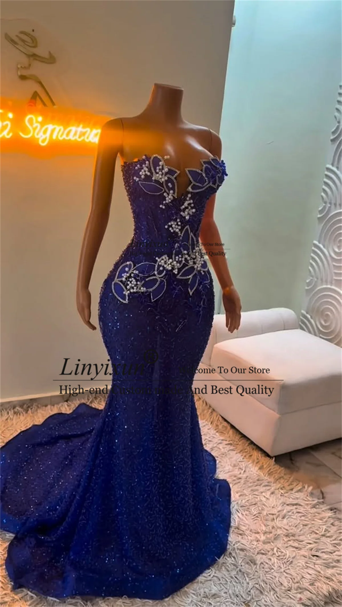 Sparkly Sequins Diamond Prom Dresses Customized 3D Floars Evening Party Gown Mermaid Dubai Black Girl Birthday robes de soirée