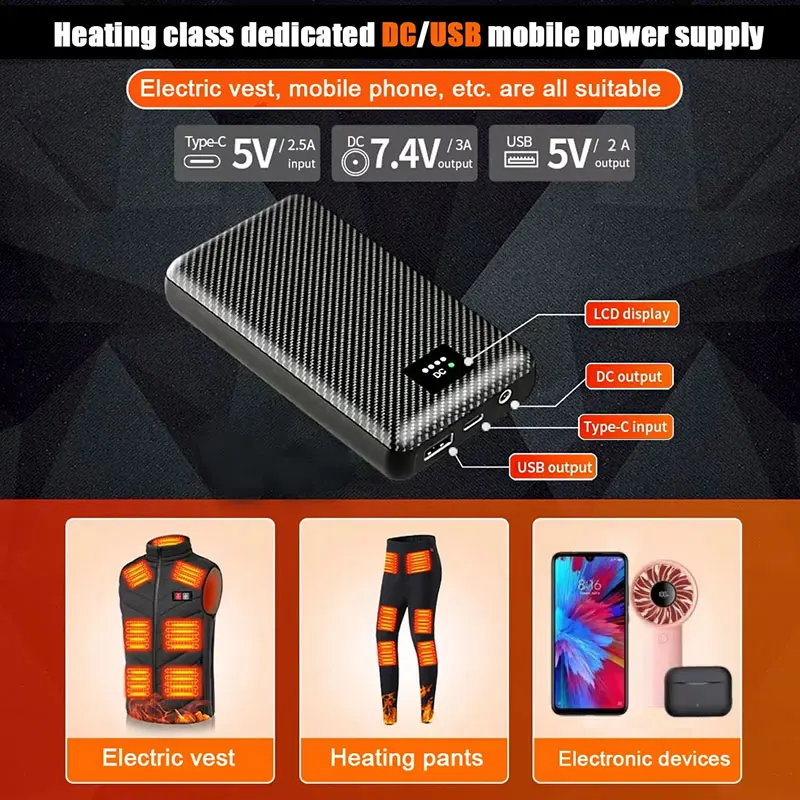 باور بانك 40000 مللي أمبير في الساعة للتدفئة سترة سترة قفازات بطارية مساعدة ساخنة تيار مستمر 7.4 فولت باور بانك محمول معدات التدفئة الكهربائية