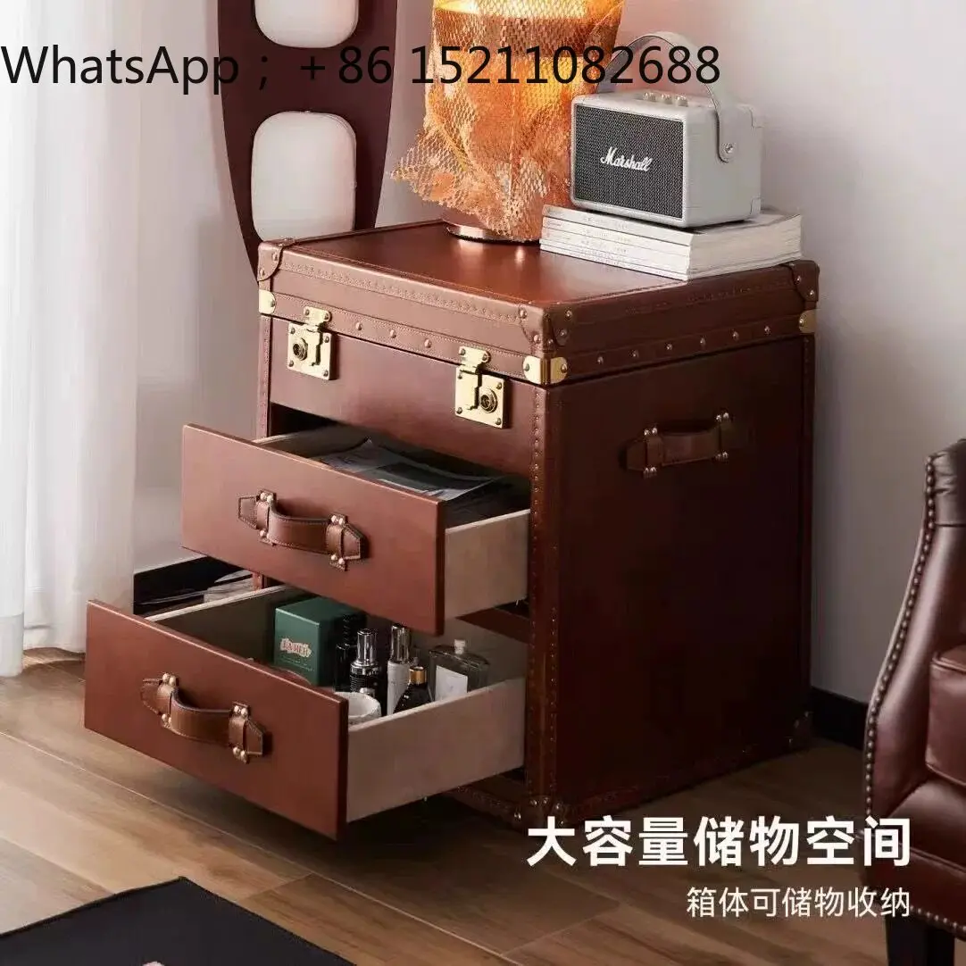 SCY retro high-end coffee table bedside table with lock leather box Chinese antique cafe cigar bar storage cabinet