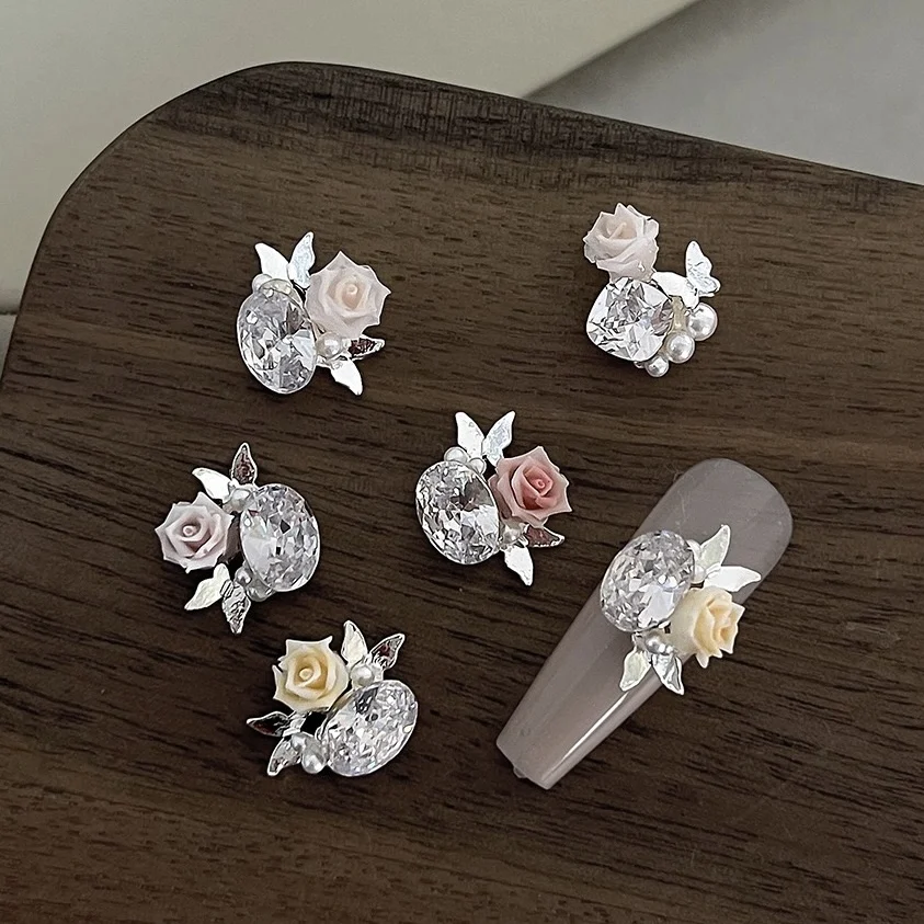 3D zircon rose for nails, 1214 mm, white multilayer crystal for manicure, nailart and design embellishments