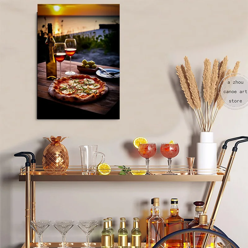 Vintage Food Pizza with Wine Ramen Steak with Fries Art Poster Canvas Painting Wall Prints Picture for Living Room Home Decor